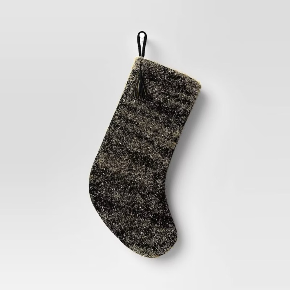 20" Knit Christmas Stocking with Tinsel & Tassel Black nwt